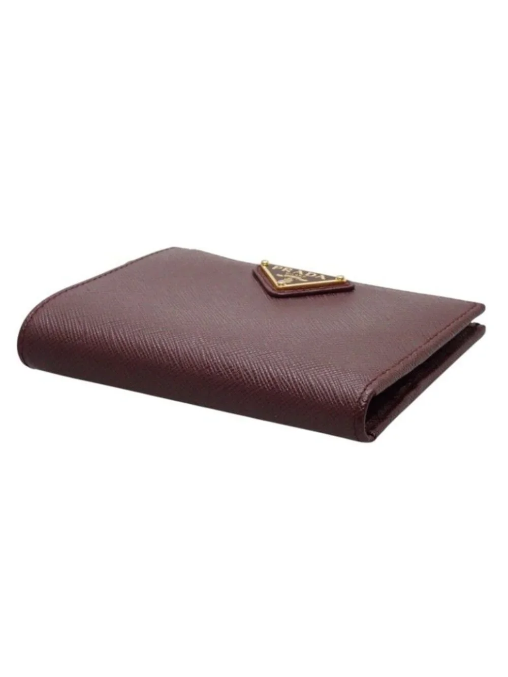 Prada Saffiano Triangle Bifold Wallet Bordeaux Burgundy Gold Genus